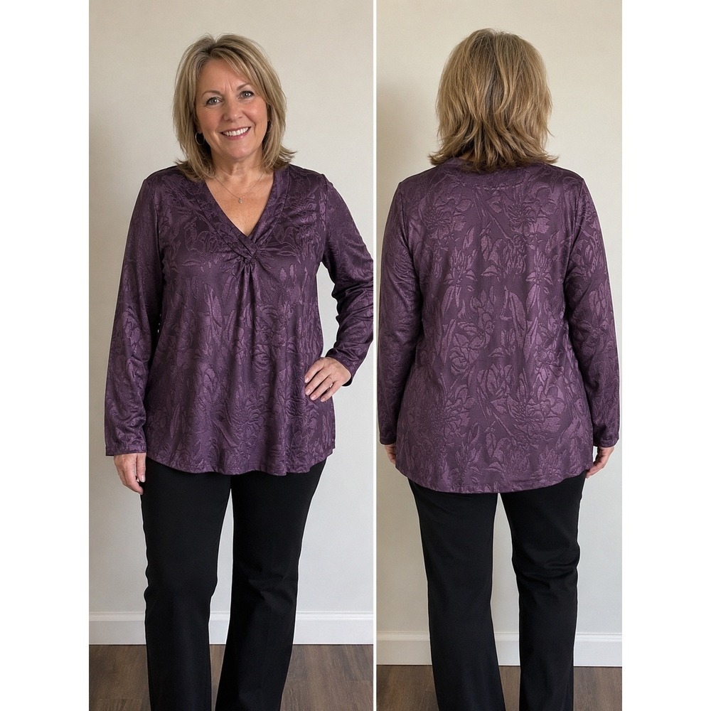 Chicos Purple Floral Jacquard V-Neck Twist Front Blouse Long Sleeve Top S 4 XL